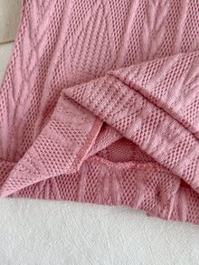 SHEIN 女嬰秋冬粉紫色針織套裝，白色蕾絲大領口前開襟長袖上衣搭配同色長褲，柔軟親膚面料，適合室內/戶外日常穿著、週末出遊等 - 粉色 - 查看 5