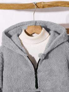 SHEIN Little Byeori 2件組男童冬季休閒返校穿搭套裝，包含抓絨半拉鍊連帽衛衣與寬鬆慢跑長褲，秋季加厚保暖校園套裝 - 灰色 - 查看 6