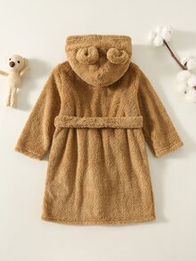 SHEIN Young Boy Comfortable Cute Cartoon Bear Hooded Open Front Fleece Lounge Wear - Brown - View 2