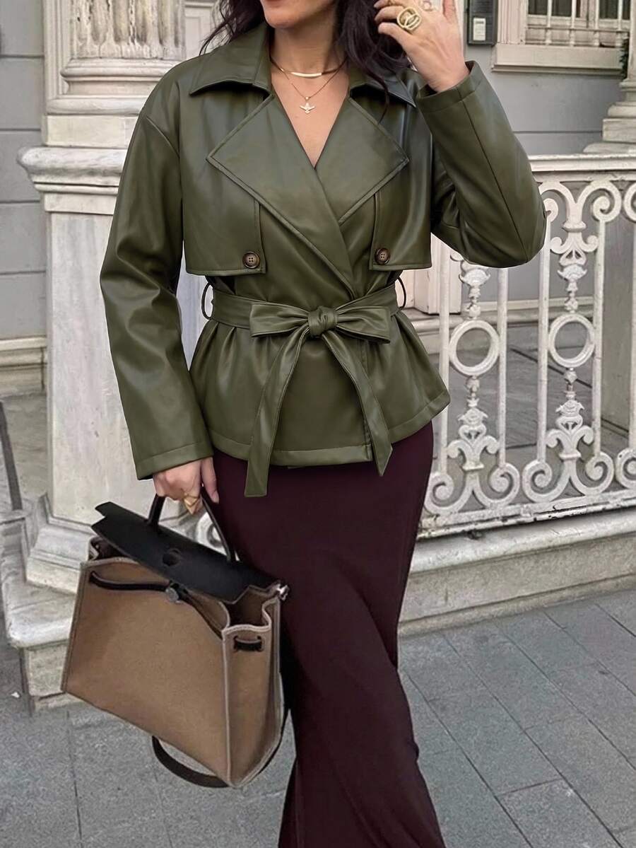 Aloruh 秋冬女款多功能卡其色收腰短款風衣外套 - 軍綠色 - 查看 1