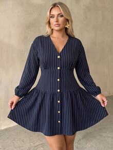 Auralis Autumn V-Neck Blue Striped Plus Size Waist-Cinching A-Line Mini Dress Metal Button Row Decor Vintage 1920s Elegant Teachers' Day Office Formal Fall - Multicolor - View 3