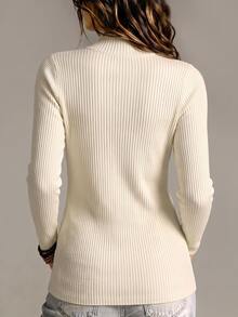 Linhara CURVE Women's Autumn/Winter Cross Front Half-High Neck Ribbed Knit Top, Long Sleeve Vertical Ribbed Fleece Sweater, Slim Fit Pullover, Minimalist Solid Color Elegant Commute Plus Size T-Shirt - Apricot - View 2