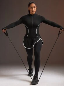 Powerista 女款拼色休閒運動夾克 長袖 跑步健身健身房運動外套 秋冬日常外出穿著 黑色極簡休閒時尚 - 黑色 - 查看 3