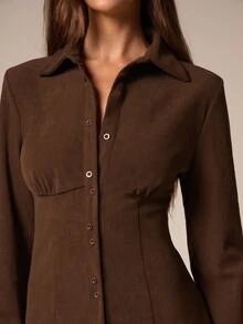 Athîral Women's Autumn/Winter Chocolate Brown Lapel Single-Breasted Casual Mini Dress - Brown - View 5