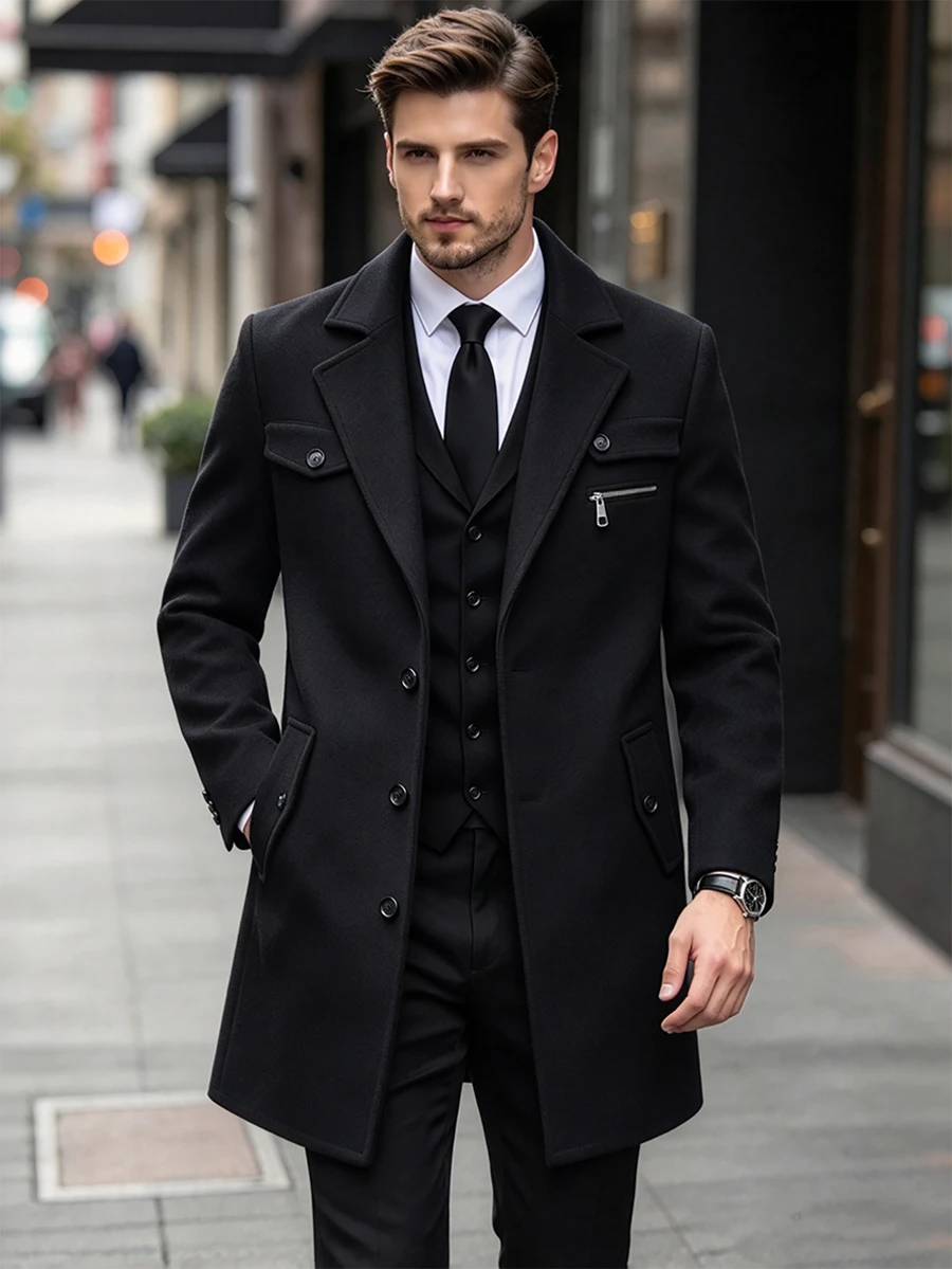 Calvornis Abrigo largo de manga larga con bolsillo y botones delanteros de unicolor para hombre, otoño, invierno, ceremonia - Negro - Ver 1