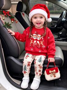 SHEIN Playful Pals 女嬰聖誕兩件套休閒套裝，可愛卡通馴鹿圖案紅色運動衫搭配聖誕樹印花長褲，節日休閒套裝 - 紅色 - 查看 4