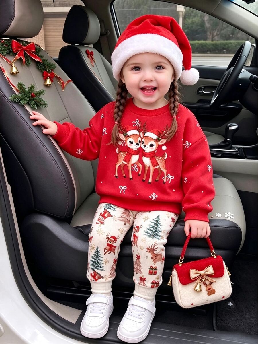 SHEIN Playful Pals Baby Girl Christmas 2 Pieces Outfit, Cute Cartoon Reindeer Pattern Red Sweatshirt And Christmas Tree Print Pants, Holiday Casual Set - Red - View 1