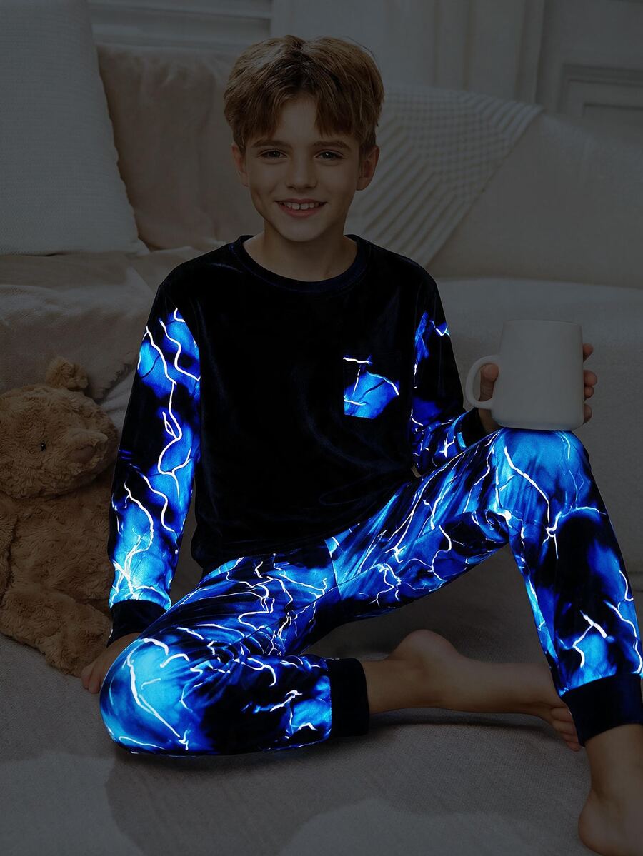 SHEIN Tween Boy Simple Long Sleeve Top And Fitted Long Pants Loungewear Set - Multicolor - View 1