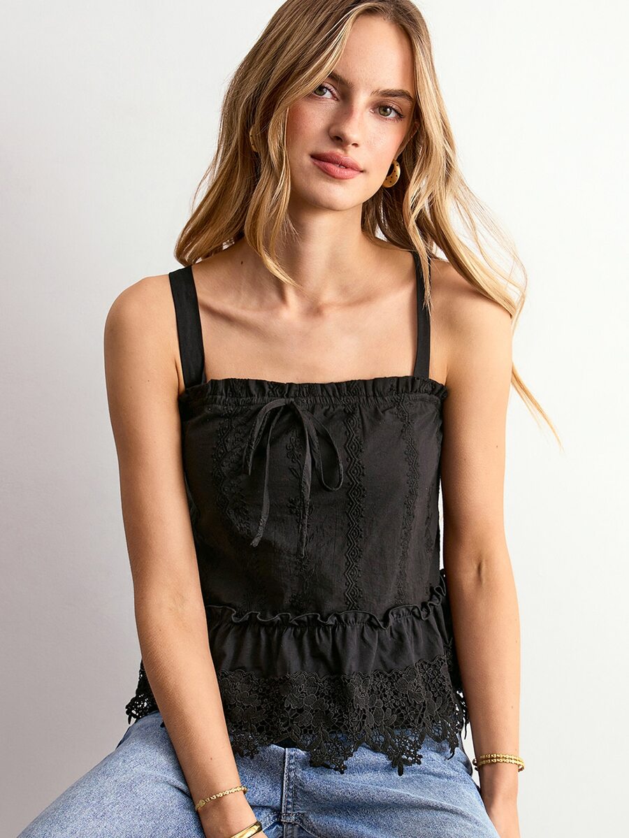 Willow Rêve Women's Solid Color Pleated Casual Daily Wear Camisole Top - Black - View 1