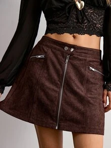 Willow Rêve Women's Brown Suede Zipper Front Casual Skirt - Brown - View 1