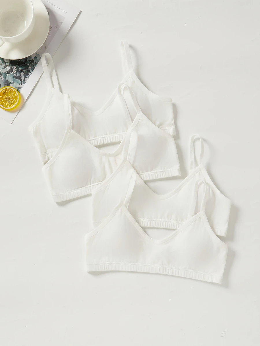 4pcs Girls' Bra Set, Traceable Cotton, Student Wear, Removable Cups, White - White - View 1