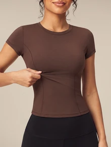 OutZeal 女款健身運動上衣 瑜珈網球休閒 T-shirt 收腹快乾修身短袖上衣 - 棕色 - 查看 5