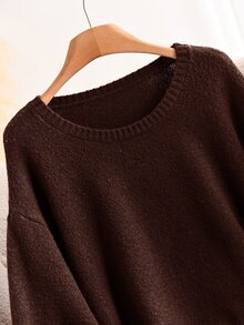 CosyJoli 大尺碼灰玫瑰色喇叭袖長袖刺繡圓領針織衫，柔軟修身休閒度假正式款秋冬上衣 - 咖啡棕 - 查看 3