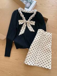 Muvela Women's Colorblock Polka Dot Bow Decor Long Sleeve Top And Skirt Elegant Set - Black and White - View 3