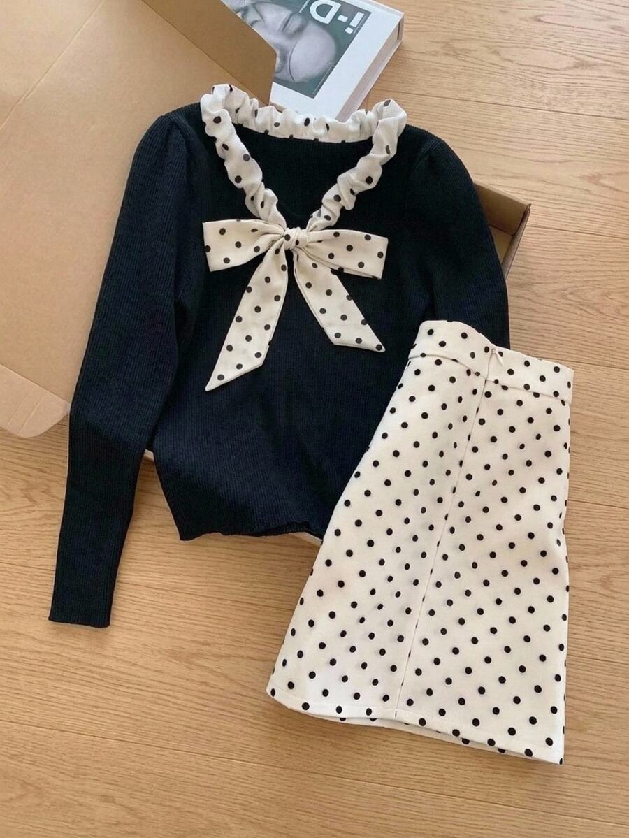 Muvela 女款拼色波點蝴蝶結裝飾長袖上衣與裙子優雅套裝 - 黑與白 - 查看 1