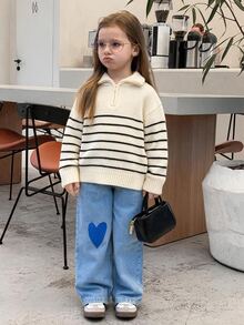 Hapijoa Young Girl) Striped Casual Collared Thick Autumn/Winter Sweater - Beige - View 3
