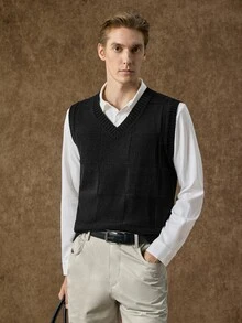Manfinity CityGents Men's Solid Color Casual Daily Knit Vest - Black - View 1