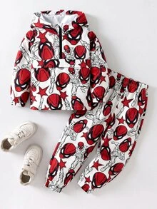 SHEIN 2件組兒童小男孩休閒日常百搭舒適拼接連帽半拉鍊套頭寬鬆長袖外套與寬鬆慢跑褲梭織套裝，適合學校、花園、海灘、生日 - 彩色 - 查看 3
