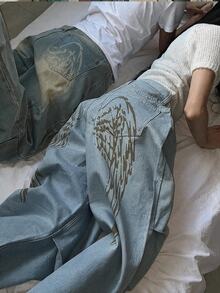 DAZY 女款韓式休閒水洗破洞牛仔長褲 秋季校園風 - 霧霾藍 - 查看 1