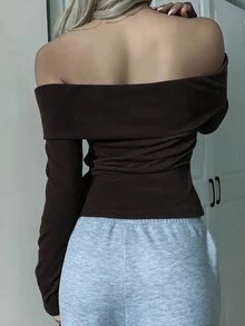 SHEIN EZwear 女款粉色針織露肩修身T恤 - 棕色 - 查看 2