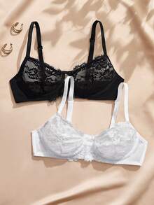 Charlaine 2pcs French Lace Sexy Underwire Push-Up Bra With Side-Boob Support For Small Chest Women - Multicolor - View 3