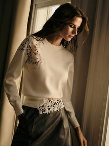 MOTF PREMIUM AUTUMN/WINTER GENTLE ELEGANT COMMUTE DATE HIGH-END SINGLE-SIDE WATER-SOLUBLE LACE PATCHWORK ASYMMETRICAL HEM BEIGE WOMEN'S LONG SLEEVE KNIT PULLOVER SWEATER KNIT TOP BASE LAYER OUTERWEAR WOMEN'S SWEATER PULLOVER - Beige - View 6