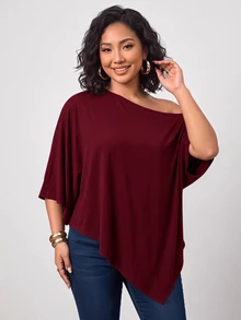 Enliva Plus-Size Knitted One-Shoulder Asymmetrical Pleated Cape Top - Burgundy - View 3