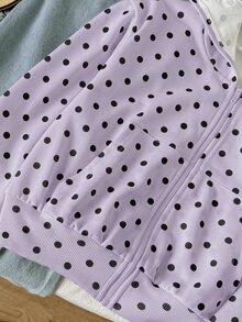 SHEIN 青少年女孩秋冬新款針織波點圖案寬鬆休閒極簡舒適日常街頭風連帽寬鬆版型口袋前拉鍊短款長袖運動衫外套，白色返校穿搭，極簡休閒，返校季，百搭，休閒時尚 - 紫色 - 查看 4