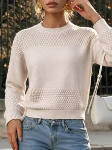 Ritzy Row Women Crew Neck Drop Shoulder Loose Textured Knit Pullover Sweater, Basic Casual Fall Winter Long Sleeve Top - Apricot - View 5