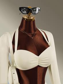 Amplova Women's Solid Color Long Sleeve Tank Top, Ruched Halter Neck Bra And Shorts Sports Set - White - View 5