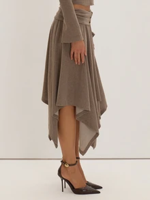 MUSEYN Stone Soft Hanky Hem Button Midi Skirt Versatile Everyday Casual Chic New Season Fall - Light Grey - View 3