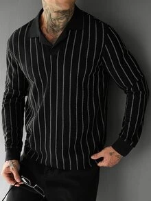 SLATEMANN Men's Striped Long Sleeve Casual Commute Polo Shirt - Black - View 3