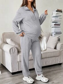 SHEIN 孕婦秋冬休閒衛衣與運動長褲哺乳兩件套秋季 - 淺灰色 - 查看 5