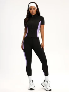 SHEIN Sports 女款拼色短袖上衣與長褲休閒日常運動套裝 - 彩色 - 查看 3
