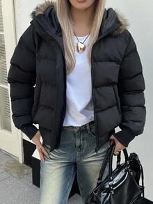 DAZY Women's Plush Patchwork Casual Versatile Winter Padded Coat - Black - View 2