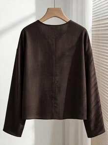 INAWLY Women's Contrast Lace V-Neck Drop Shoulder Long Sleeve Fashion Blouse - Brown - View 2
