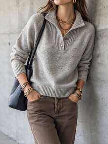 SHEIN Áo len dệt kim nữ cổ nửa cao mềm mại cho mùa thu/đông, 5 cúc, tay raglan dáng rộng thoải mái, áo pullover ngắn, lớp mặc trong đa năng cho đi làm hằng ngày - Xám - Xem 4