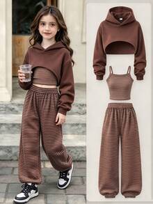 SHEIN Girls' Simple Casual Daily Knit Sports Cover Up, Striped Tank Top And Striped Sports Pants, Autumn, Winter - Brown - View 3
