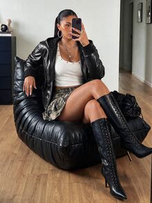 POPSWAY Plus Size Punk Style Premium PU Leather Hooded Long Sleeve Slim Fit Flattering Short Jacket - Black - View 3