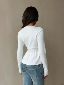 SHEIN Glamour كارديجان نسائي بلون موحد مطوي كاجوال متعدد الاستخدامات للارتداء اليومي - أبيض - مشاهدة 3