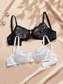 Charlaine 2pcs French Lace Sexy Underwire Push-Up Bra With Side-Boob Support For Small Chest Women - Multicolor - View 1