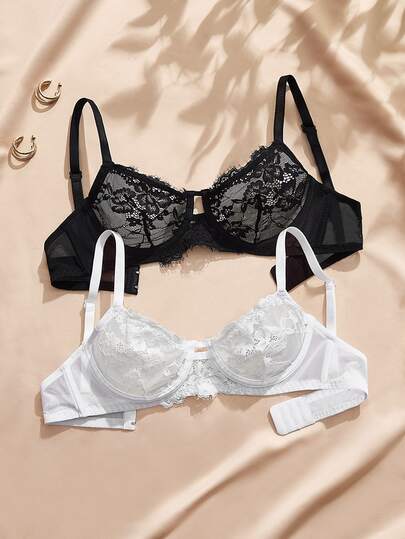 Charlaine 2pcs French Lace Sexy Underwire Push-Up Bra With Side-Boob Support For Small Chest Women