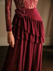 MOTF PREMIUM WOMEN'S LACE PATCHWORK 3D FLORAL DECOR CASUAL PARTY LONG DRESS - Burgundy - View 5