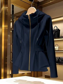 GlowEve 女款純色插肩袖抽繩連帽拉鍊休閒優雅運動衫，日常穿著，黑色，秋季 - 藏蓝色 - 查看 1