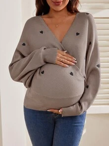SHEIN 孕婦休閒孕婦裝愛心刺繡蝙蝠袖針織衫，春季/拍照冬季 - 灰色 - 查看 1