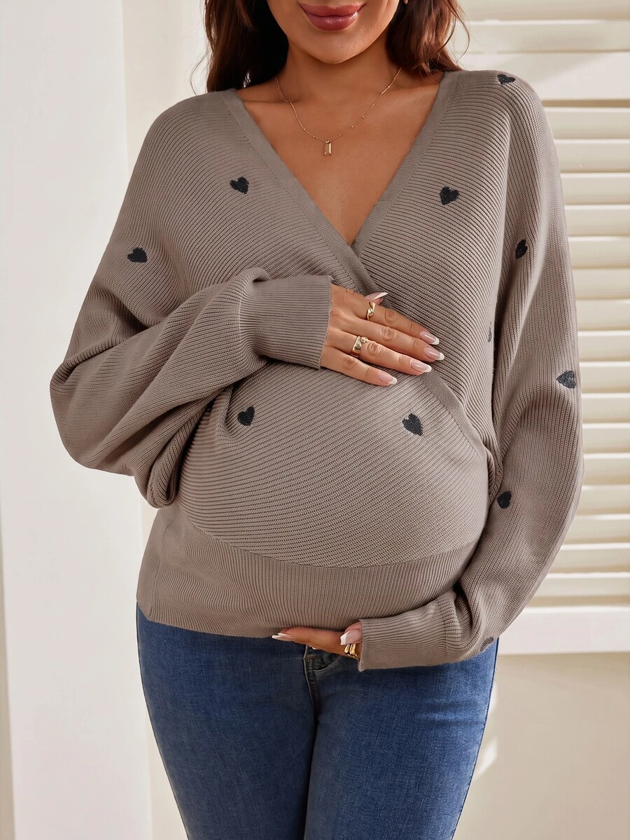SHEIN 孕婦休閒孕婦裝愛心刺繡蝙蝠袖針織衫,春季/拍照冬季 - 灰色 - 查看 1