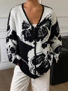 DAZY Women's Elegant Fashion Jacquard Long Sleeve Knit Cardigan - Black and White - View 4