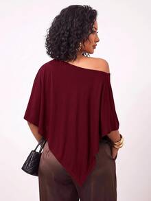 Enliva Plus-Size Knitted One-Shoulder Asymmetrical Pleated Cape Top - Burgundy - View 2
