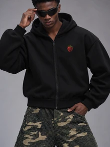Men's Strawberry Print Zip-Up Hoodie - Black - View 3