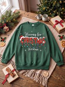 SHEIN EZwear 秋季新款聖誕口號彩色燈光印花圓領長袖寬鬆女款加厚衛衣，適合假期、秋季上衣，適用於日常通勤、約會、聚會，秋冬春夏、聖誕節、新年、感恩節、派對、新年 - 墨綠色 - 查看 3